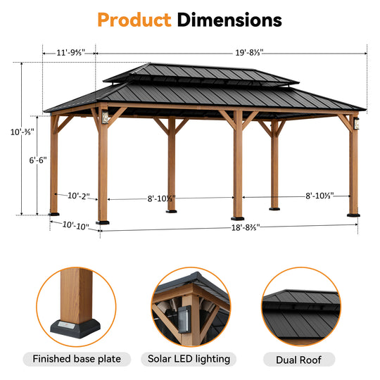 Modern Shade Horizon Permanent Hardtop Gazebo 12' x 20' with 4 LED Lights Patio Gazebo with Decor Hooks Mosquito Nettings Wood-Looking