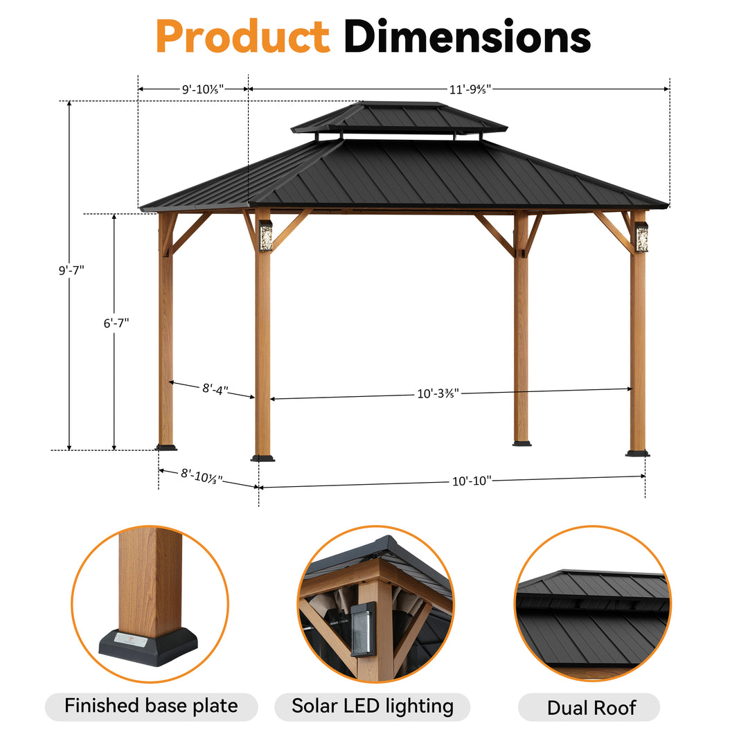 Modern Shade The Horizon Permanent Hardtop Gazebo 10' x 12' w/ 4 LED Lights Outdoor Gazebo w/ Galvanized Steel Double Roof Patio Gazebo w/ Decor Hooks Mosquito Nettings Wood-Looking