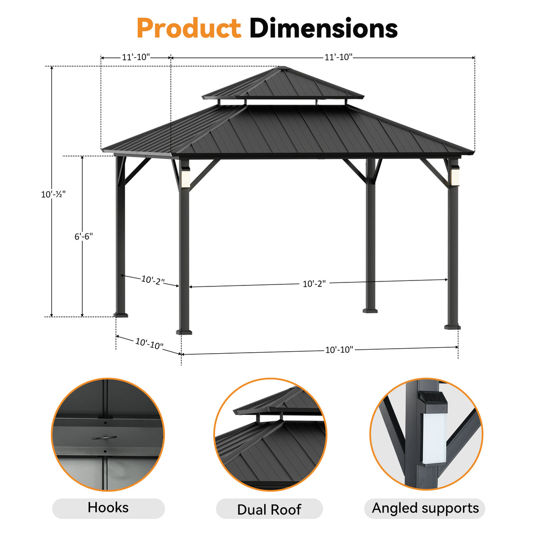 Modern Shade The Horizon Permanent Hardtop Gazebo 12' x 12' w/ 4 LED Lights Outdoor Gazebo w/ Galvanized Steel Double Roof Patio Gazebo w/ Decor Hooks Mosquito Nettings Black