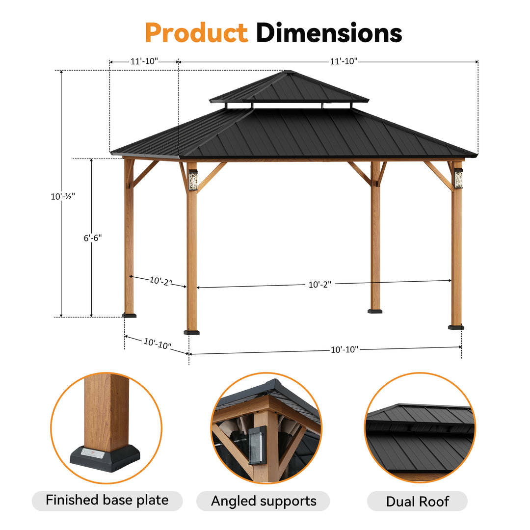 Modern Shade The Horizon Permanent Hardtop Gazebo 12' x 12' w/ 4 LED Lights Outdoor Gazebo w/ Galvanized Steel Double Roof Patio Gazebo w/ Decor Hooks Mosquito Nettings Wood-Looking