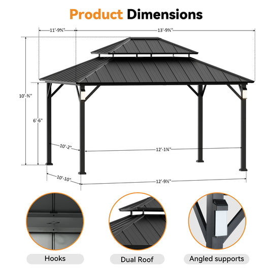 Modern Shade The Horizon Permanent Hardtop Gazebo 12' x 14' w/ 4 LED Lights Outdoor Gazebo w/ Galvanized Steel Double Roof Patio Gazebo w/ Decor Hooks Mosquito Nettings Black