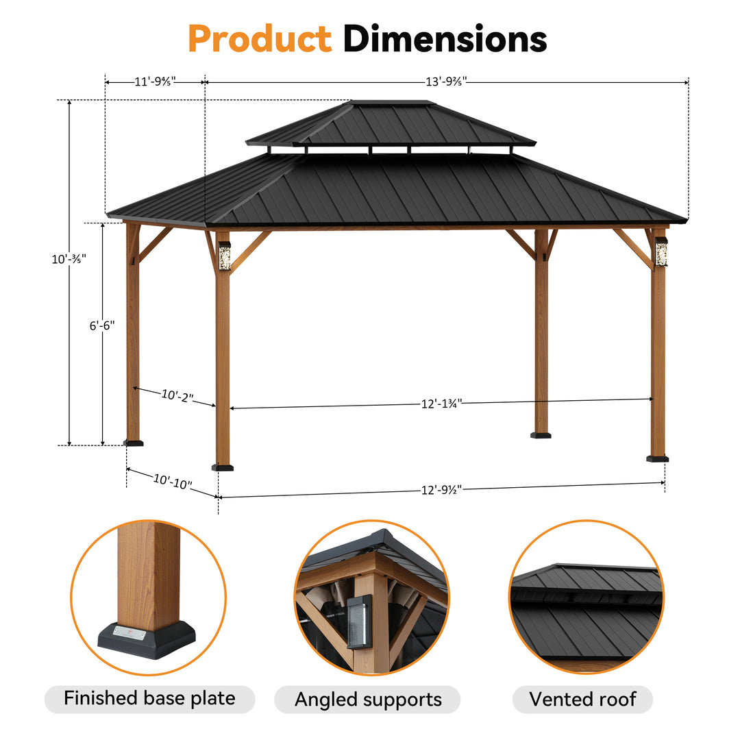 Modern Shade The Horizon Permanent Hardtop Gazebo 12' x 14' w/ 4 LED Lights Outdoor Gazebo w/ Galvanized Steel Double Roof Patio Gazebo w/ Decor Hooks Mosquito Nettings Wood-Looking