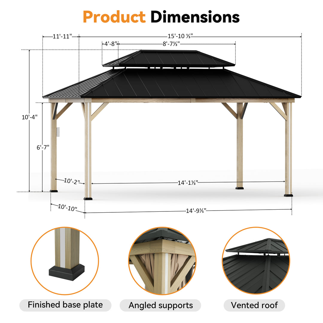 Modern Shade Permanent Hardtop Gazebo 12' x 16' with 4 LED Lights Outdoor Gazebo with Double Roof Patio Gazebo with USB Charging Port Deck Mosquito Netting and Curtains Wood-Looking