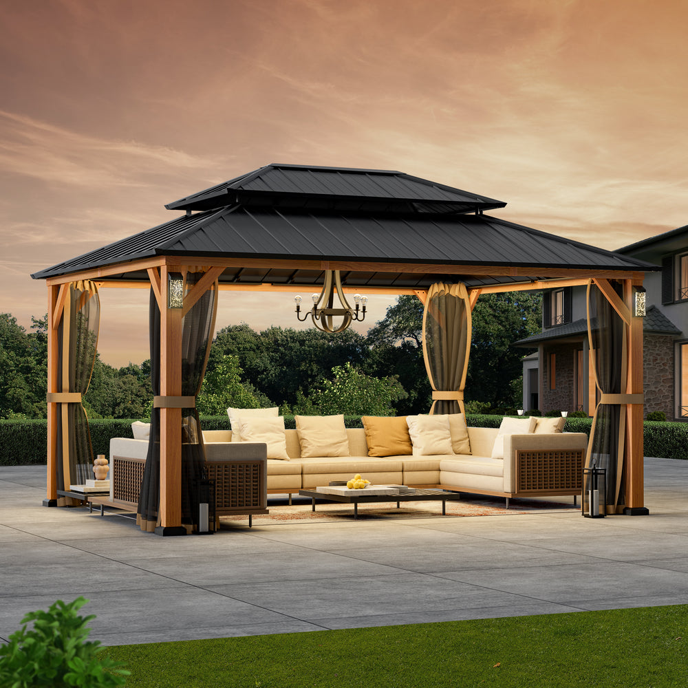 Modern Shade Horizon Permanent Hardtop Gazebo 12' x 16' with 4 LED Lights Outdoor Gazebo with Galvanized Steel Double Roof Wood-Looking