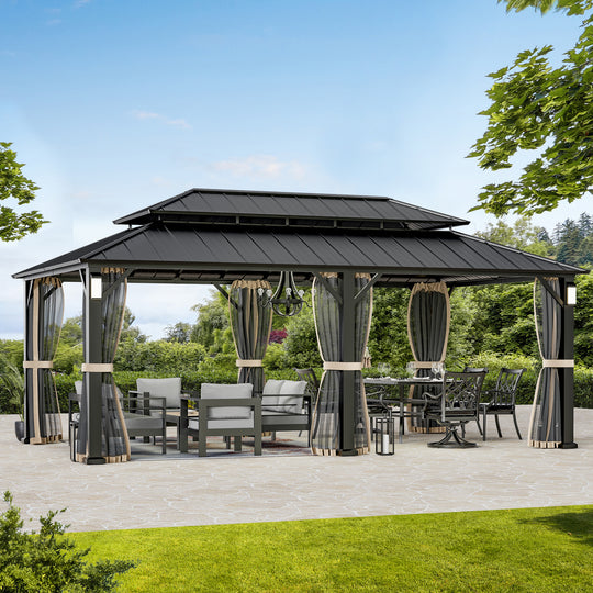 Modern Shade Horizon Permanent Hardtop Gazebo 12' x 20' with 4 LED Lights Outdoor Gazebo with Galvanized Steel Double Roof Mosquito Nettings Black