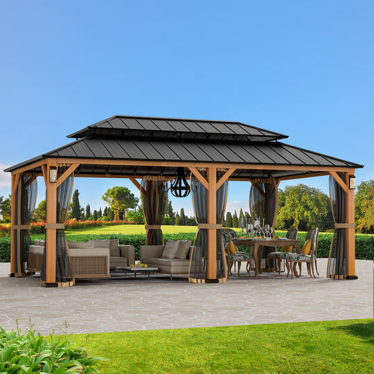 Modern Shade Horizon Permanent Hardtop Gazebo 12' x 20' with 4 LED Lights Patio Gazebo with Decor Hooks Mosquito Nettings Wood-Looking