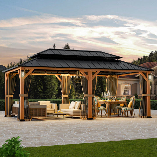 Modern Shade Horizon Permanent Hardtop Gazebo 12' x 20' with 4 LED Lights Patio Gazebo with Decor Hooks Mosquito Nettings Wood-Looking