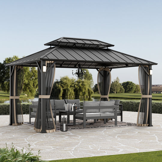 Modern Shade The Horizon Permanent Hardtop Gazebo 10' x 14' w/ 4 LED Lights Outdoor Gazebo w/ Galvanized Steel Double Roof Patio Gazebo w/ Decor Hooks Mosquito Nettings Black