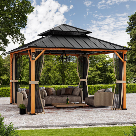 Modern Shade The Horizon Permanent Hardtop Gazebo 12' x 12' w/ 4 LED Lights Outdoor Gazebo w/ Galvanized Steel Double Roof Patio Gazebo w/ Decor Hooks Mosquito Nettings Wood-Looking