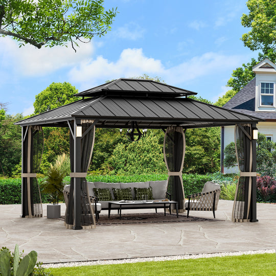 Modern Shade The Horizon Permanent Hardtop Gazebo 12' x 14' w/ 4 LED Lights Outdoor Gazebo w/ Galvanized Steel Double Roof Patio Gazebo w/ Decor Hooks Mosquito Nettings Black