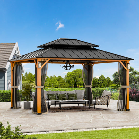 Modern Shade The Horizon Permanent Hardtop Gazebo 12' x 14' w/ 4 LED Lights Outdoor Gazebo w/ Galvanized Steel Double Roof Patio Gazebo w/ Decor Hooks Mosquito Nettings Wood-Looking