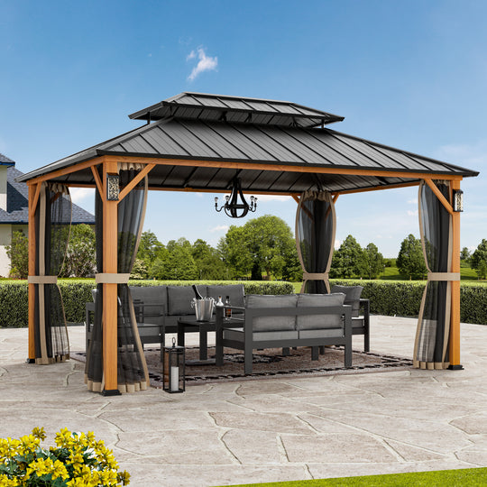 Modern Shade The Horizon Permanent Hardtop Gazebo 10' x 14' w/ 4 LED Lights Outdoor Gazebo w/ Galvanized Steel Double Roof Patio Gazebo w/ Decor Hooks Mosquito Nettings Wood-Looking