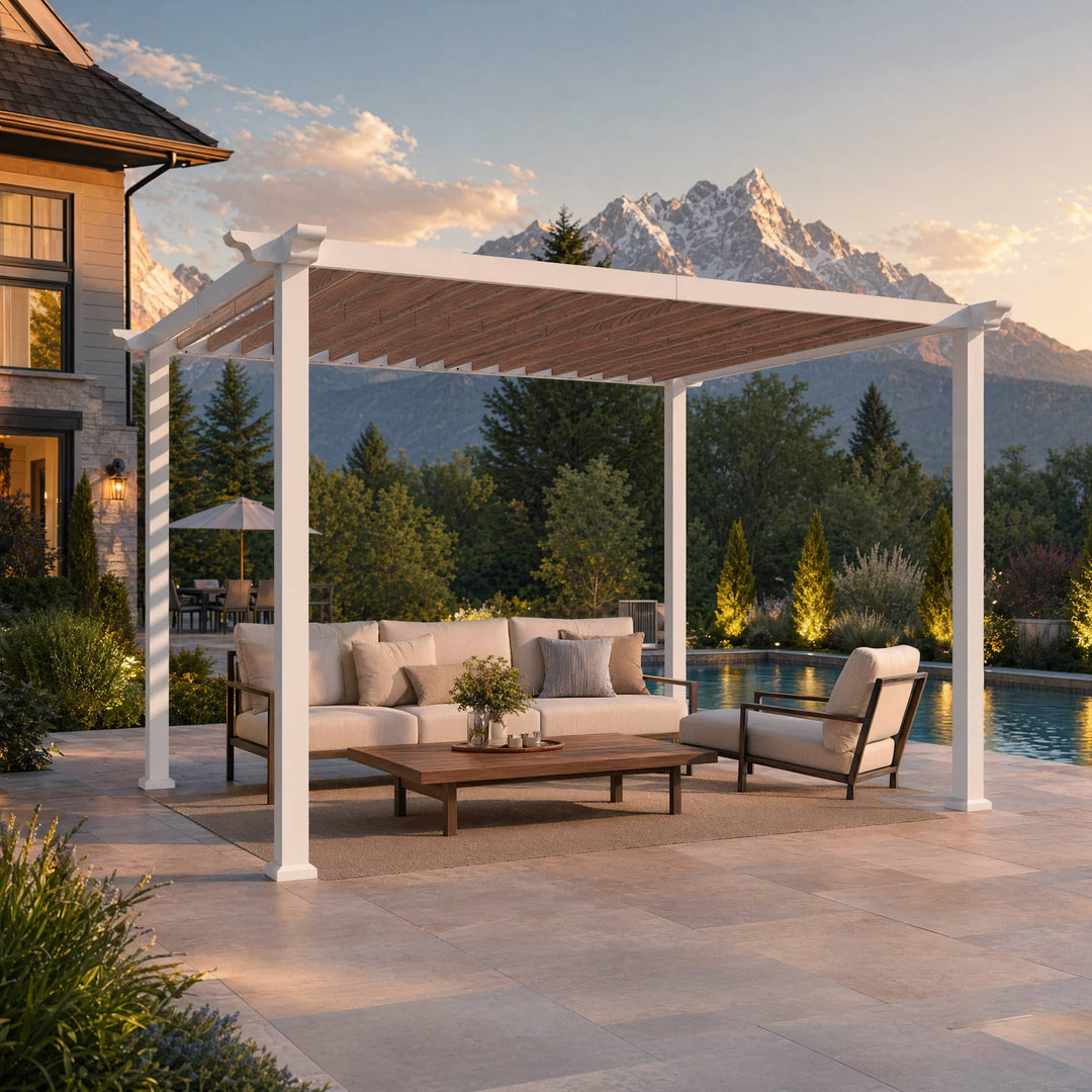 10x12 Fuß Open Sky Metallpergola mit Holzmaserung