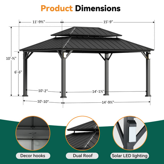 Modern Shade Horizon Permanent Hardtop Gazebo 12' x 16' with 4 LED Lights Patio Gazebo with Decor Hooks Mosquito Nettings Black