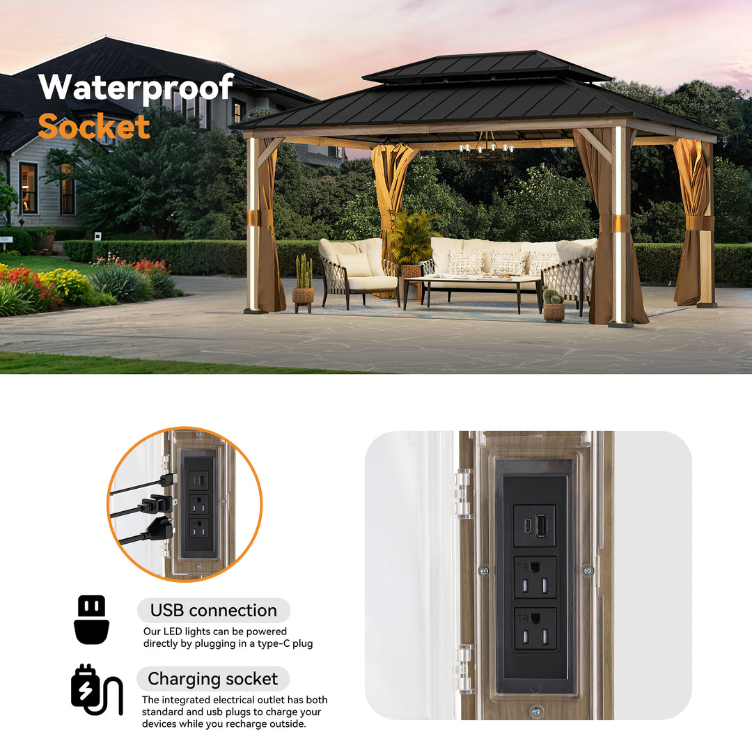 Modern Shade Permanent Hardtop Gazebo 12' x 16' with 4 LED Lights Outdoor Gazebo with Double Roof Patio Gazebo with USB Charging Port Deck Mosquito Netting and Curtains Wood-Looking