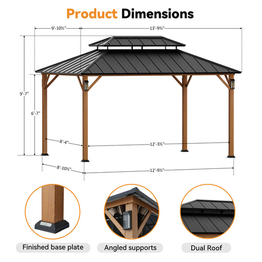 Modern Shade The Horizon Permanent Hardtop Gazebo 10' x 14' w/ 4 LED Lights Outdoor Gazebo w/ Galvanized Steel Double Roof Patio Gazebo w/ Decor Hooks Mosquito Nettings Wood-Looking