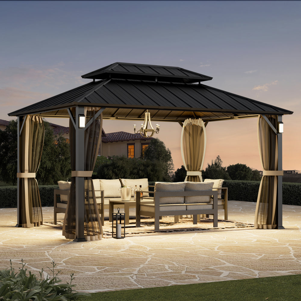 Modern Shade The Horizon Permanent Hardtop Gazebo 10' x 14' w/ 4 LED Lights Outdoor Gazebo w/ Galvanized Steel Double Roof Patio Gazebo w/ Decor Hooks Mosquito Nettings Black