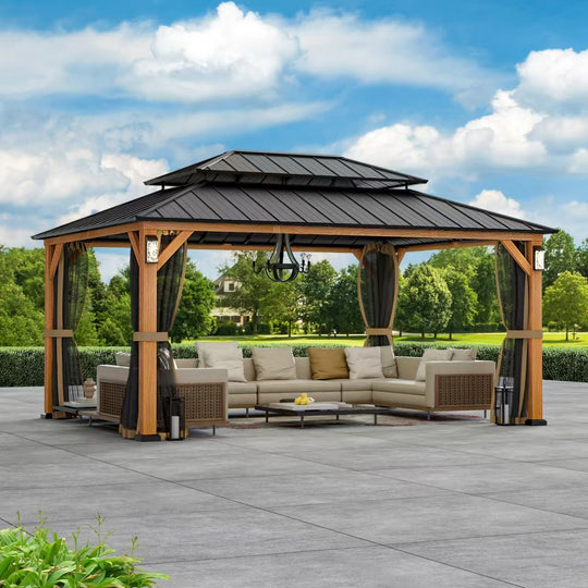 Modern Shade Horizon Permanent Hardtop Gazebo 12' x 16' with 4 LED Lights Outdoor Gazebo with Galvanized Steel Double Roof Wood-Looking