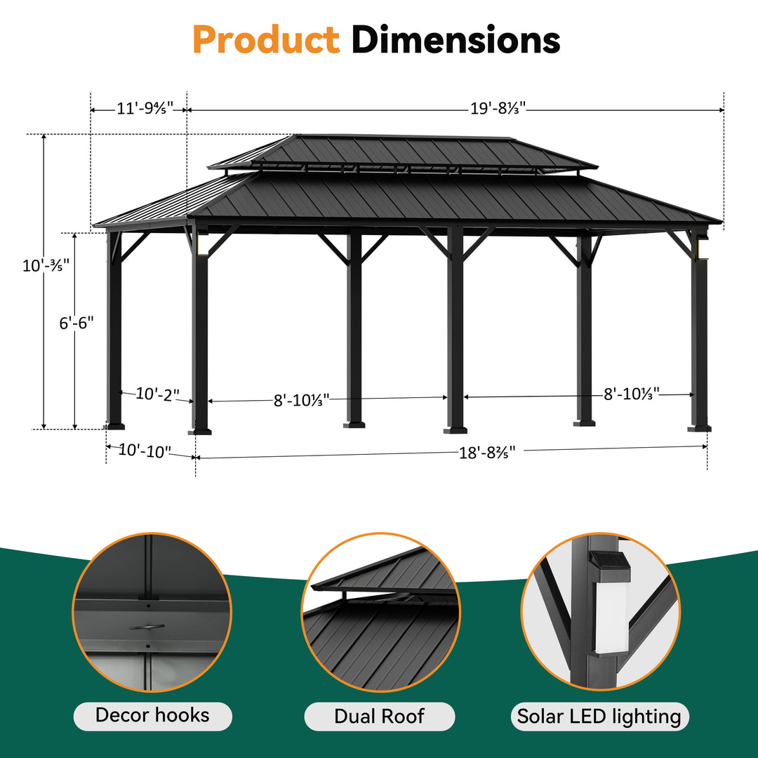 Modern Shade Horizon Permanent Hardtop Gazebo 12' x 20' with 4 LED Lights Outdoor Gazebo with Galvanized Steel Double Roof Mosquito Nettings Black