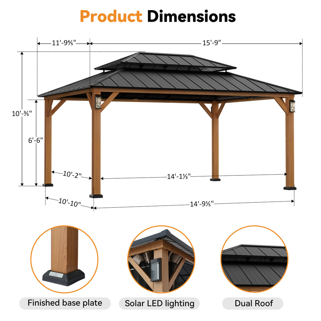 Modern Shade Horizon Permanent Hardtop Gazebo 12' x 16' with 4 LED Lights Outdoor Gazebo with Galvanized Steel Double Roof Wood-Looking