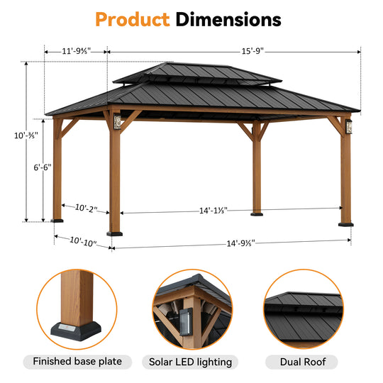 Modern Shade Horizon Permanent Hardtop Gazebo 12' x 16' with 4 LED Lights Outdoor Gazebo with Galvanized Steel Double Roof Wood-Looking