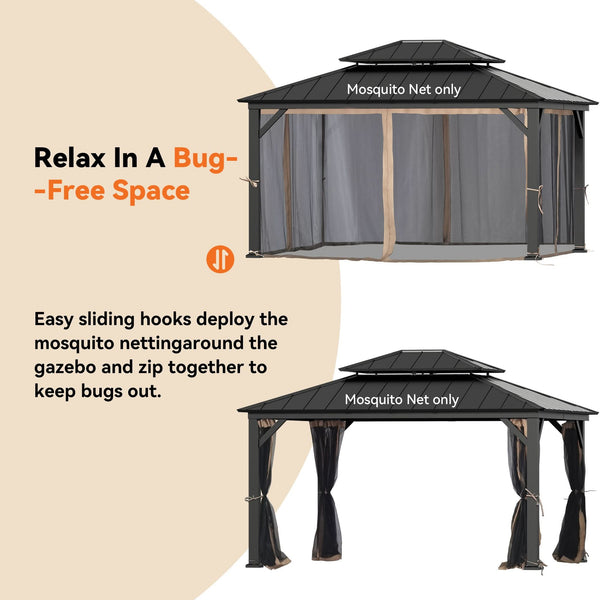 12'x14' Mosquito Netting for Gazebo with Two-way Zipper