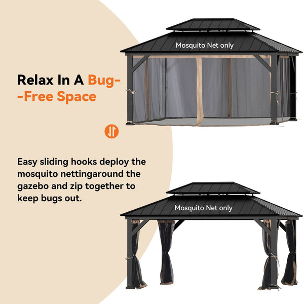 12'x16' Mosquito Netting for Gazebo with Two-way Zipper