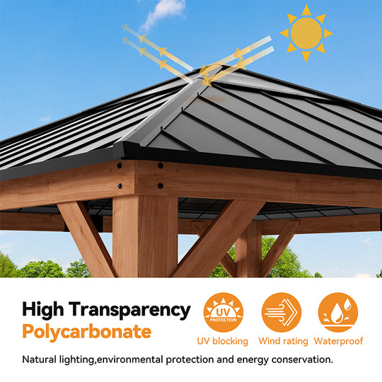 Modern Shade Tranquil Grove Wood Gazebo 11' x 11', Permanent Hardtop Gazebo with Galvanized Steel and Polycarbonate Hip Roof Hardtop, Mosquito Netting and Curtains，Cedar Framed Wooden Gazebo for Garden, Backyard