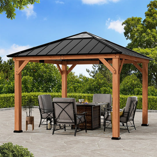 Modern Shade Tranquil Grove Wood Gazebo 11' x 11', Permanent Hardtop Gazebo with Galvanized Steel and Polycarbonate Hip Roof Hardtop, Cedar Framed Wooden Gazebo for Garden, Backyard