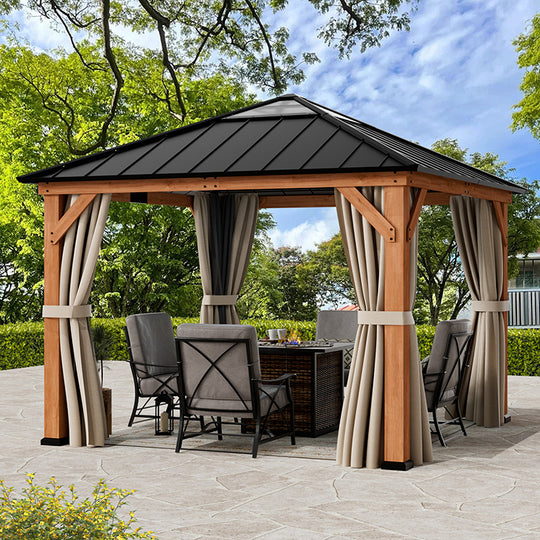 Modern Shade Tranquil Grove Wood Gazebo 11' x 11', Permanent Hardtop Gazebo with Galvanized Steel and Polycarbonate Hip Roof Hardtop, Mosquito Netting and Curtains，Cedar Framed Wooden Gazebo for Garden, Backyard