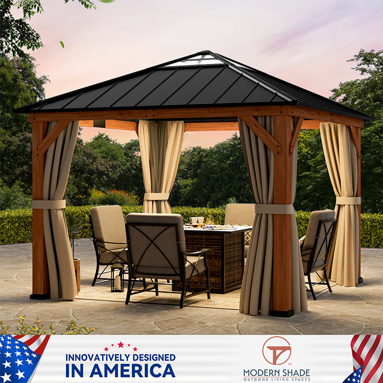 Modern Shade Tranquil Grove Wood Gazebo 11' x 11', Permanent Hardtop Gazebo with Galvanized Steel and Polycarbonate Hip Roof Hardtop, Mosquito Netting and Curtains，Cedar Framed Wooden Gazebo for Garden, Backyard