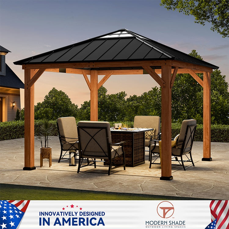 Modern Shade Tranquil Grove Wood Gazebo 11' x 11', Permanent Hardtop Gazebo with Galvanized Steel and Polycarbonate Hip Roof Hardtop, Cedar Framed Wooden Gazebo for Garden, Backyard