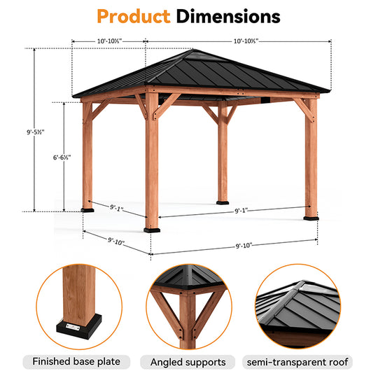 Modern Shade Tranquil Grove Wood Gazebo 11' x 11', Permanent Hardtop Gazebo with Galvanized Steel and Polycarbonate Hip Roof Hardtop, Mosquito Netting and Curtains，Cedar Framed Wooden Gazebo for Garden, Backyard