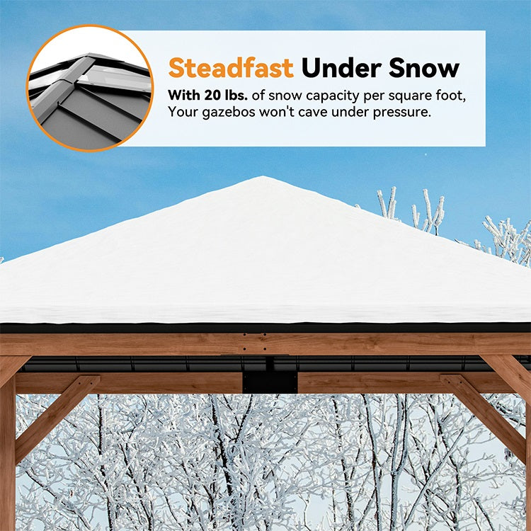 Modern Shade Tranquil Grove Wood Gazebo 11' x 11', Permanent Hardtop Gazebo with Galvanized Steel and Polycarbonate Hip Roof Hardtop, Mosquito Netting and Curtains，Cedar Framed Wooden Gazebo for Garden, Backyard