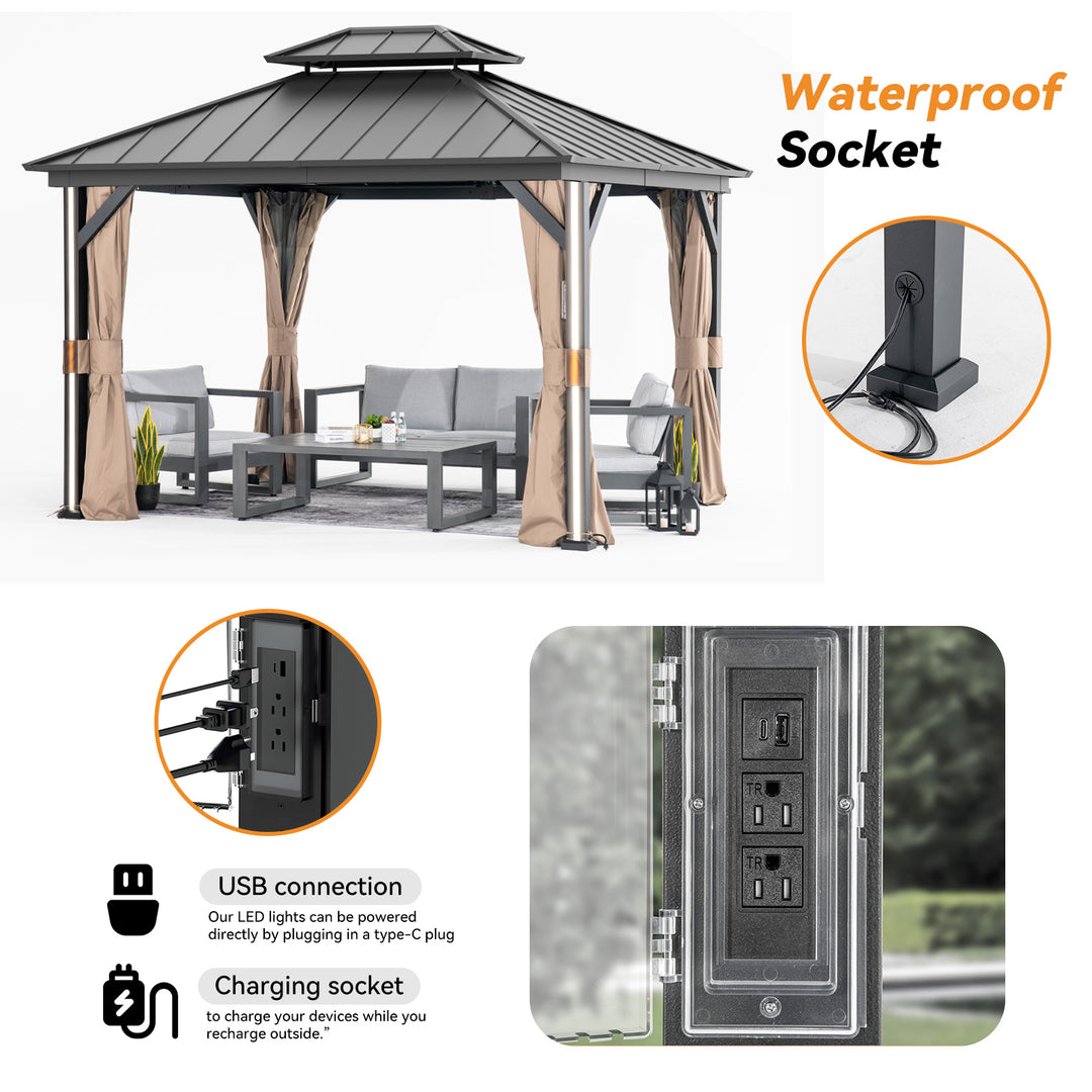 Modern Shade 10' x 12' Hardtop Gazebo with Galvanized Steel Double Roof and 4 LED Lights